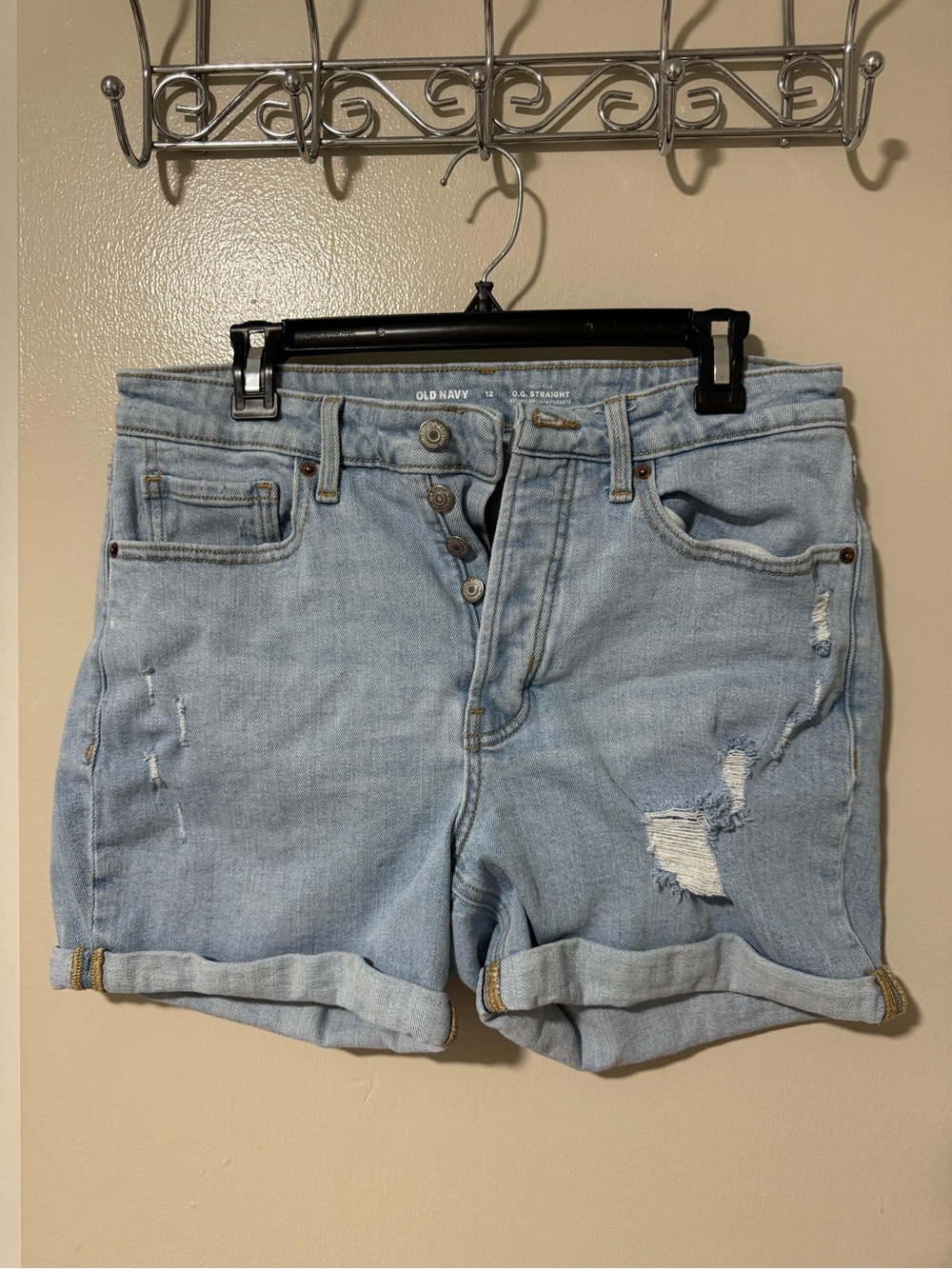 Old Navy Light Wash Distressed OG Straight High Rise Denim Roll-Cuff Shorts